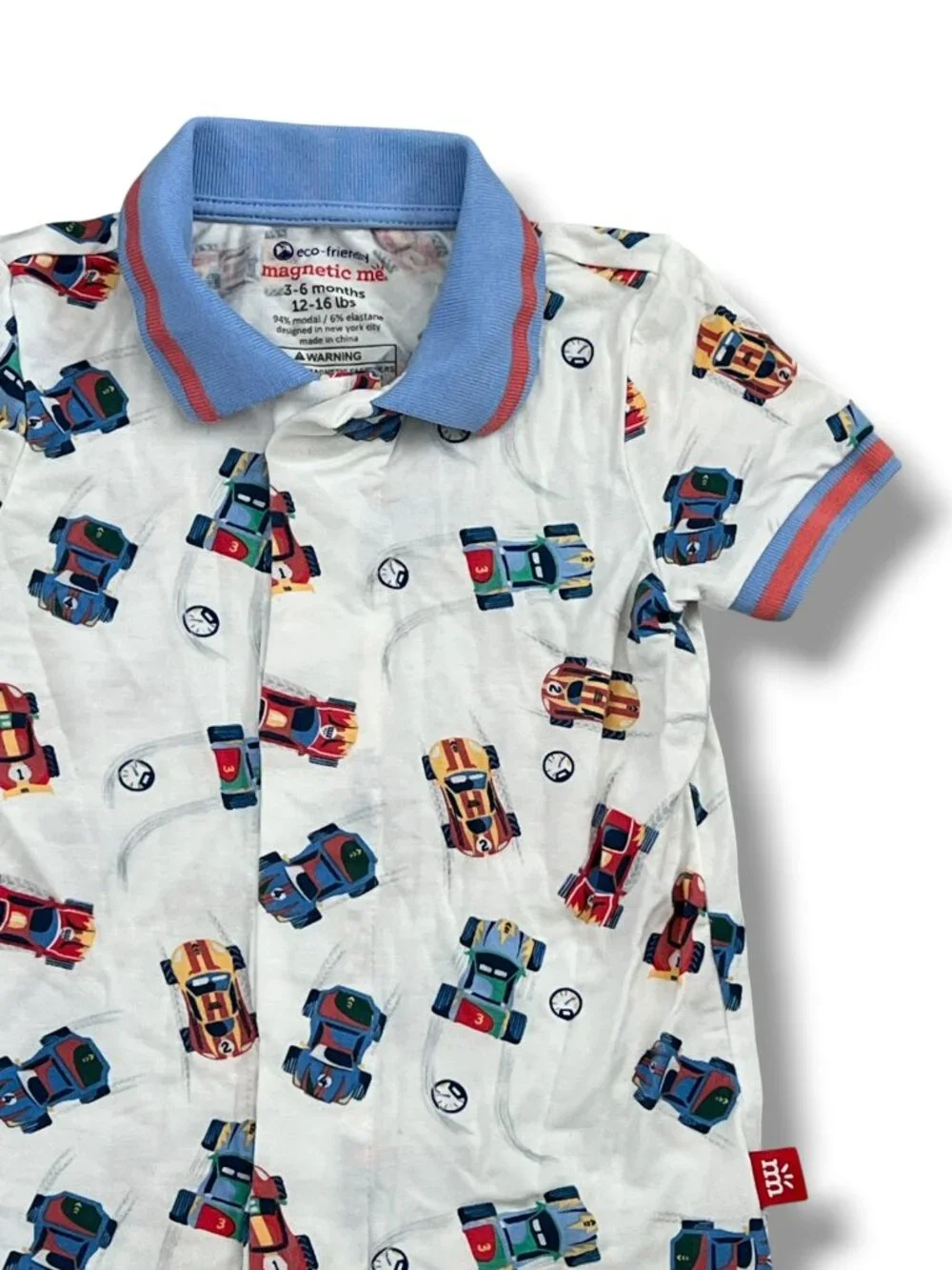 Magnetic Me Racecar Formula Fun Polo Short Sleeve Romper Size 3-6M - Picture 2 of 4